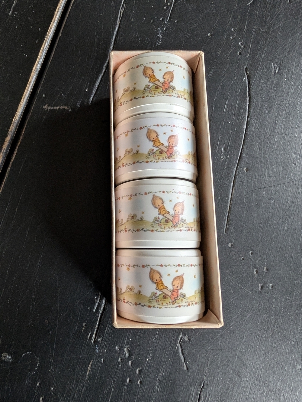 Vintage Hallmark Four Betsey Clark Napkin Rings Original Box Whimsical Artistry